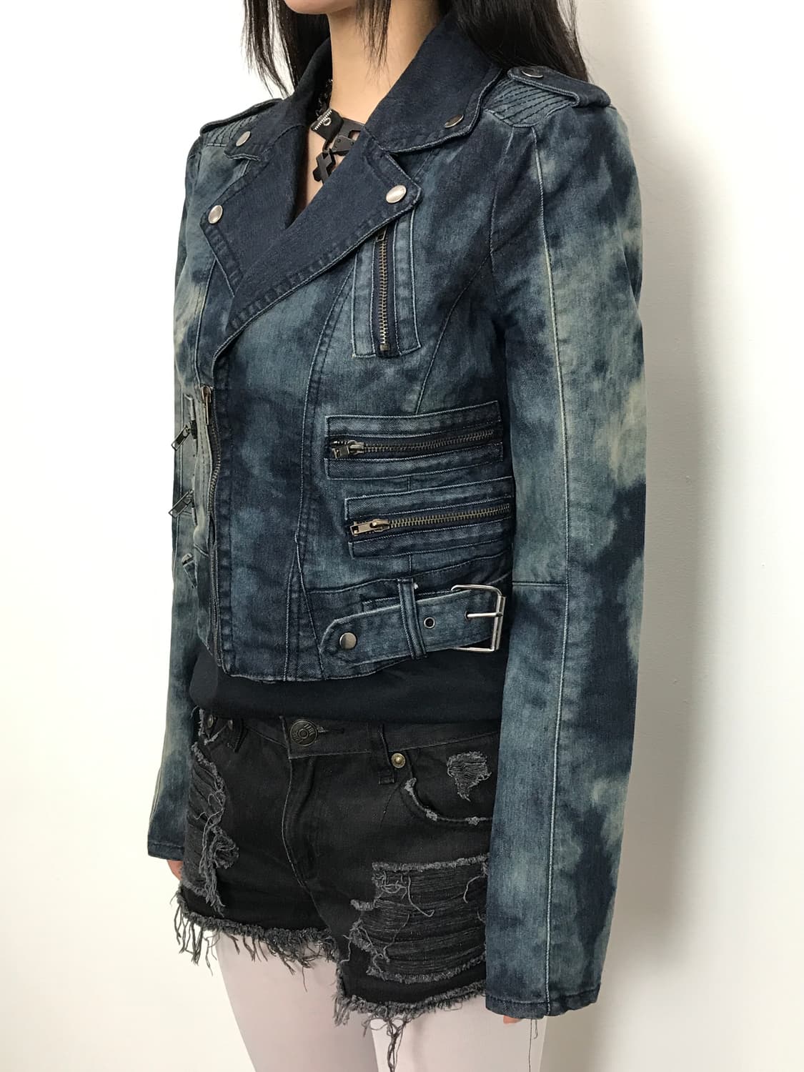 Jpn Y2k Acid Wash Denim Biker Jacket 상품이미지3
