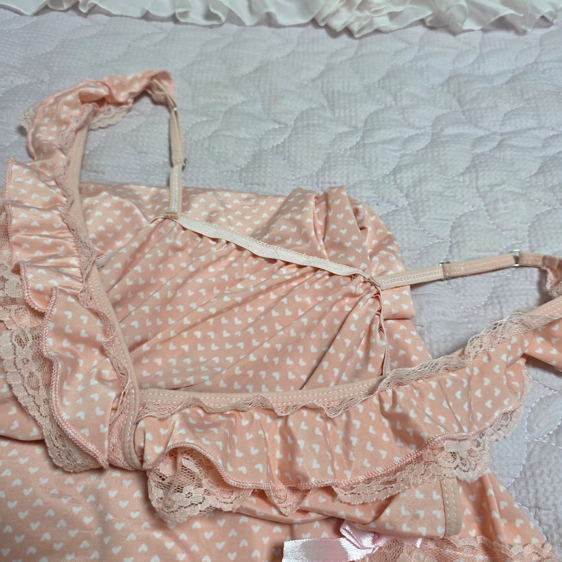 일본빈티지)핑크 하트 레이스 리본 리즈깔 히메갸루 로맨틱 슬립란제리원피스 상품이미지4