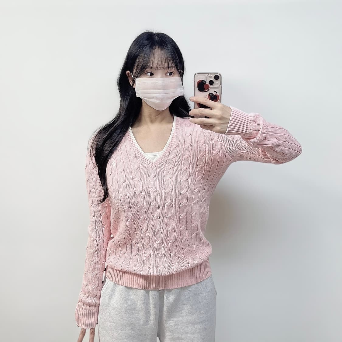 폴로 랄프로렌 우먼스 케이블 브이넥 니트 핑크 상품이미지1