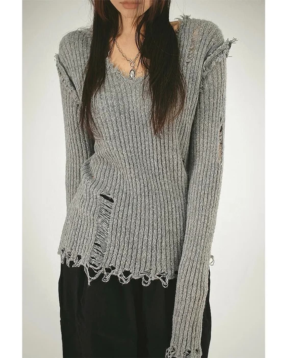 빈티지) 페어리 그런지 y2k v넥 데미지 울 루즈니트 긴팔 롱슬리브 상품이미지2