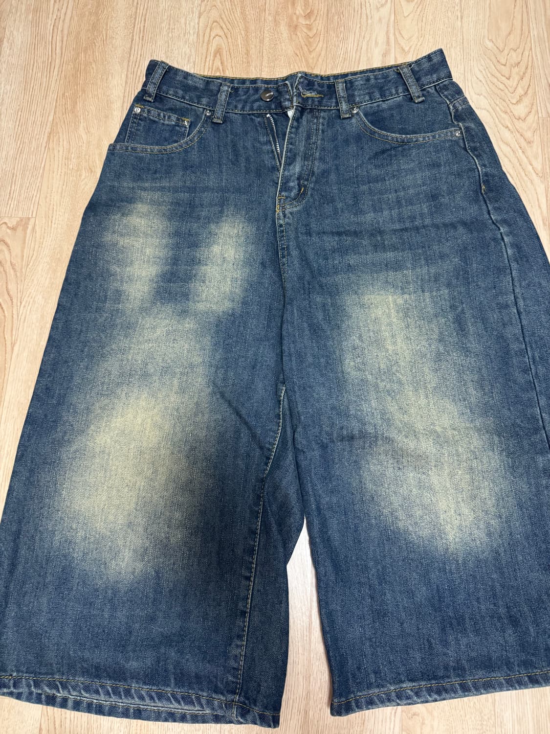 와이드 7부 버뮤다 빈티지 워싱 데님 미디 팬츠 청반바지 상품이미지2