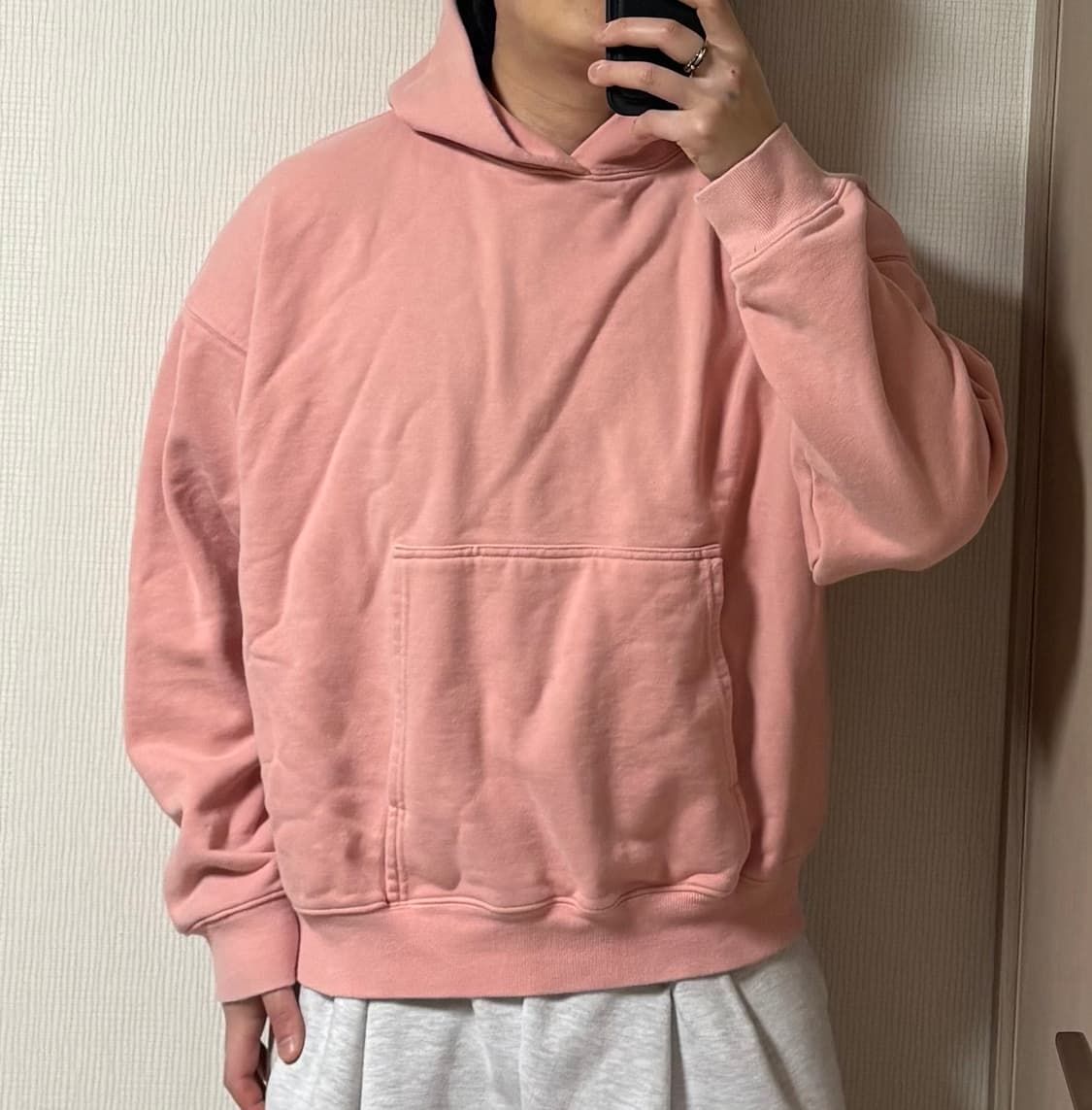 정품 어텐션로우 오버핏 무지 핑크 후드티 상품이미지1