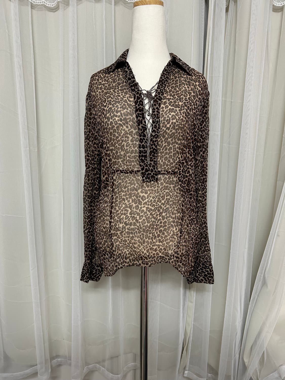 오네가루 레오파드 시스루 섹시 셔츠 상품이미지1