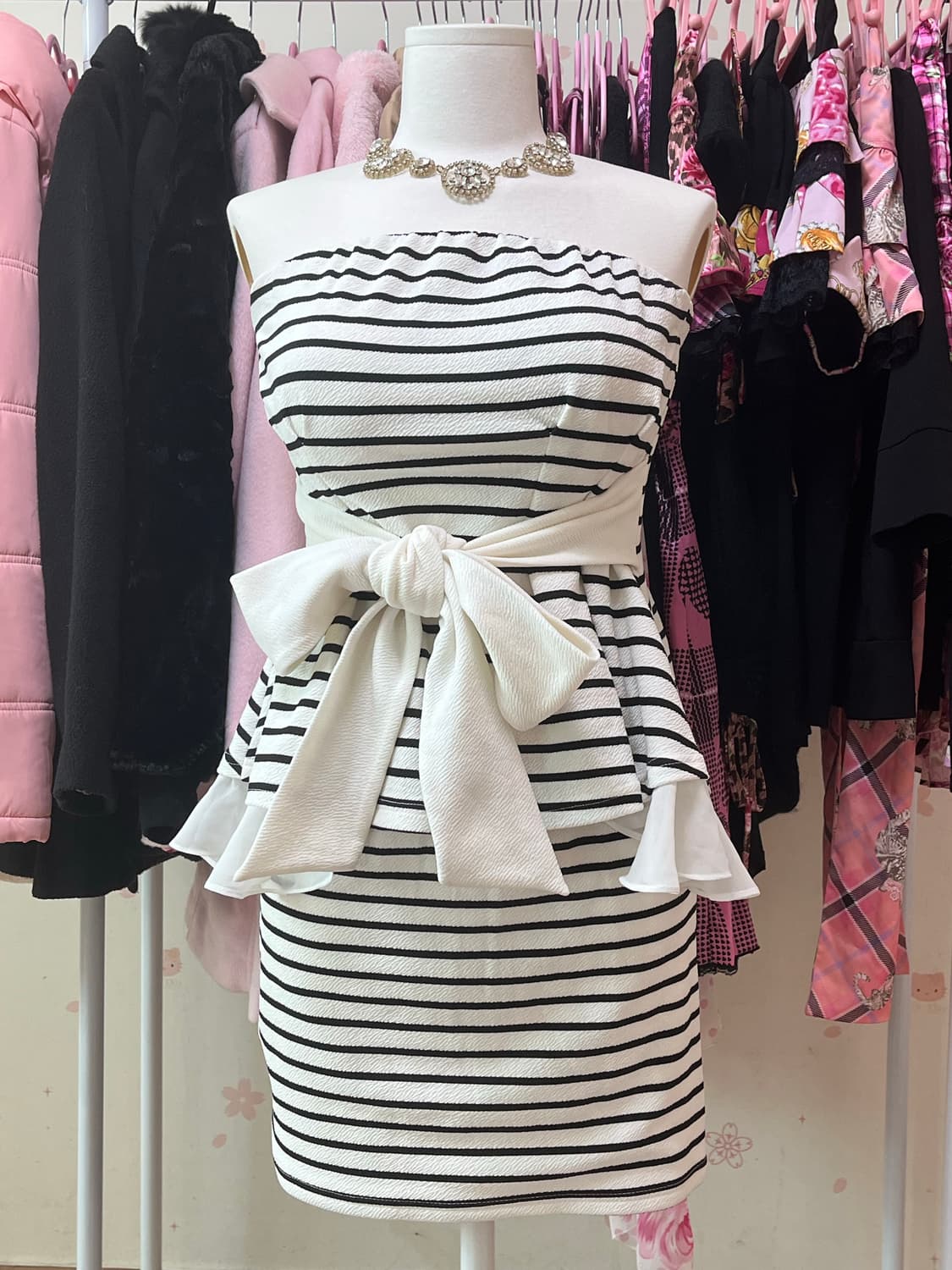 갸루 리본 튜브탑 스트라이프 셋업 상품이미지1