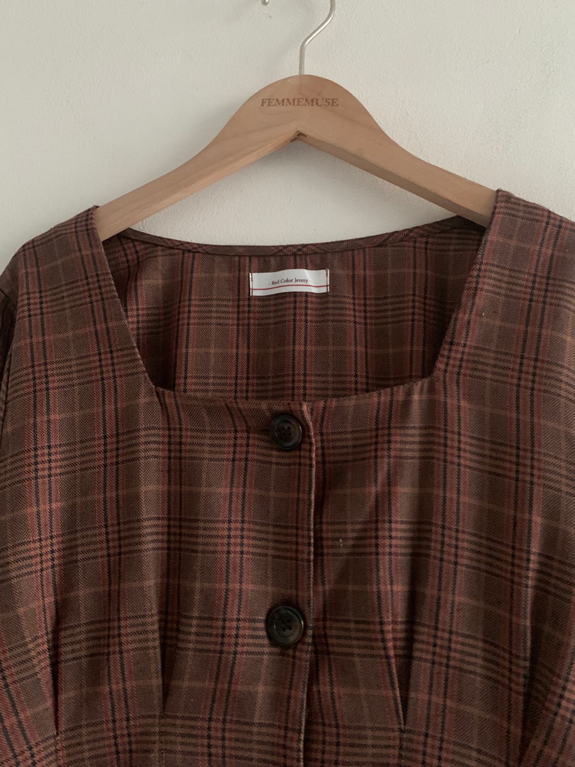 Check Square Neck Button Dress 상품이미지3