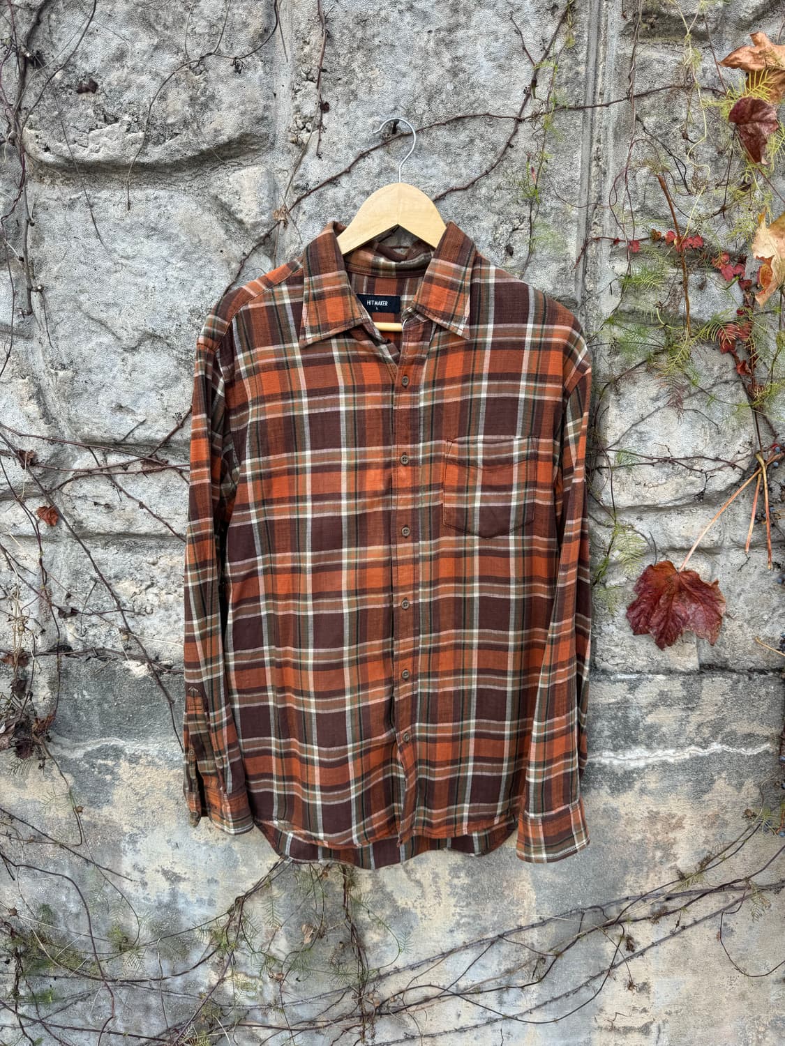일본 빈티지 체크 패턴 포켓 플란넬 셔츠 오렌지 브라운 L 상품이미지1
