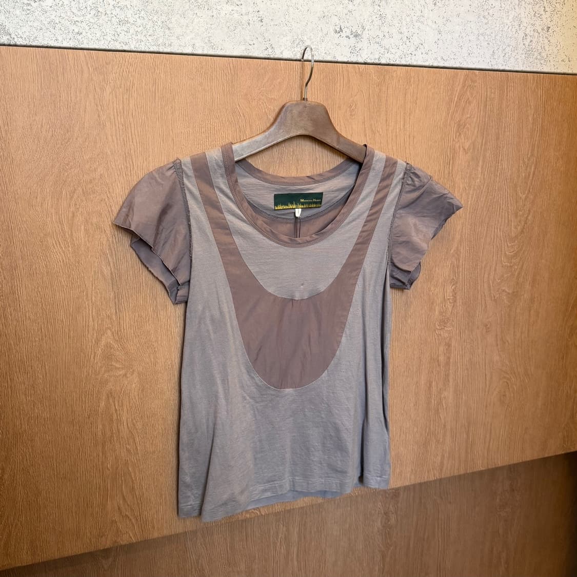 빈티지 코튼 반팔 티셔츠 배색 라인 라운드넥 디테일 레귤러핏 브라운  상품이미지1