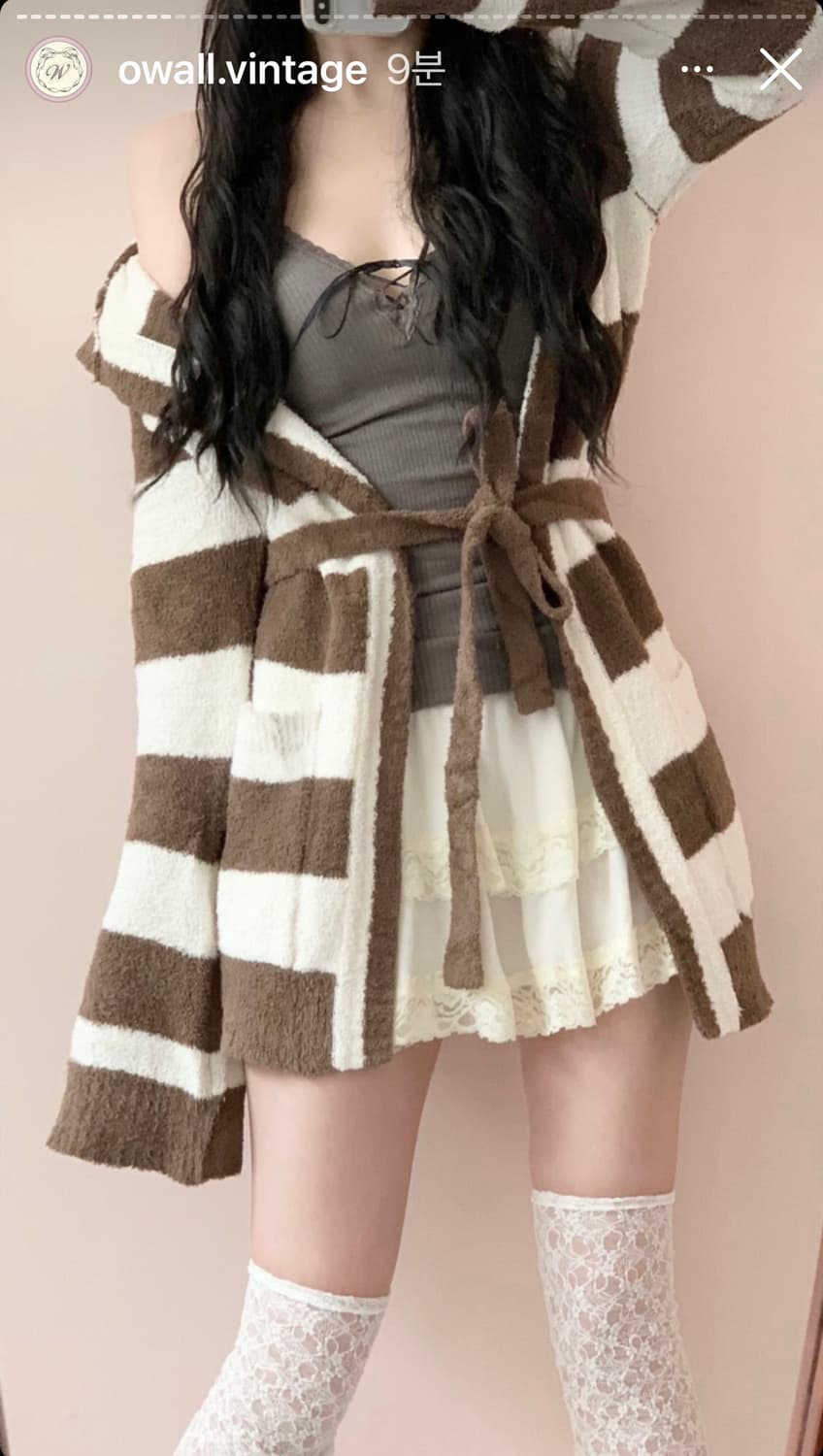 오월빈티지 초코바닐라 스트라이프 후드 로브 가디건 상품이미지1