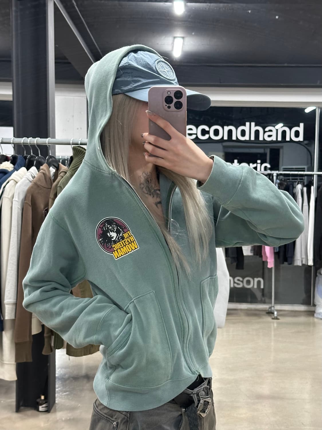 히스테릭 글래머 히스걸 프린팅 민트그린 후드 집업 상품이미지1