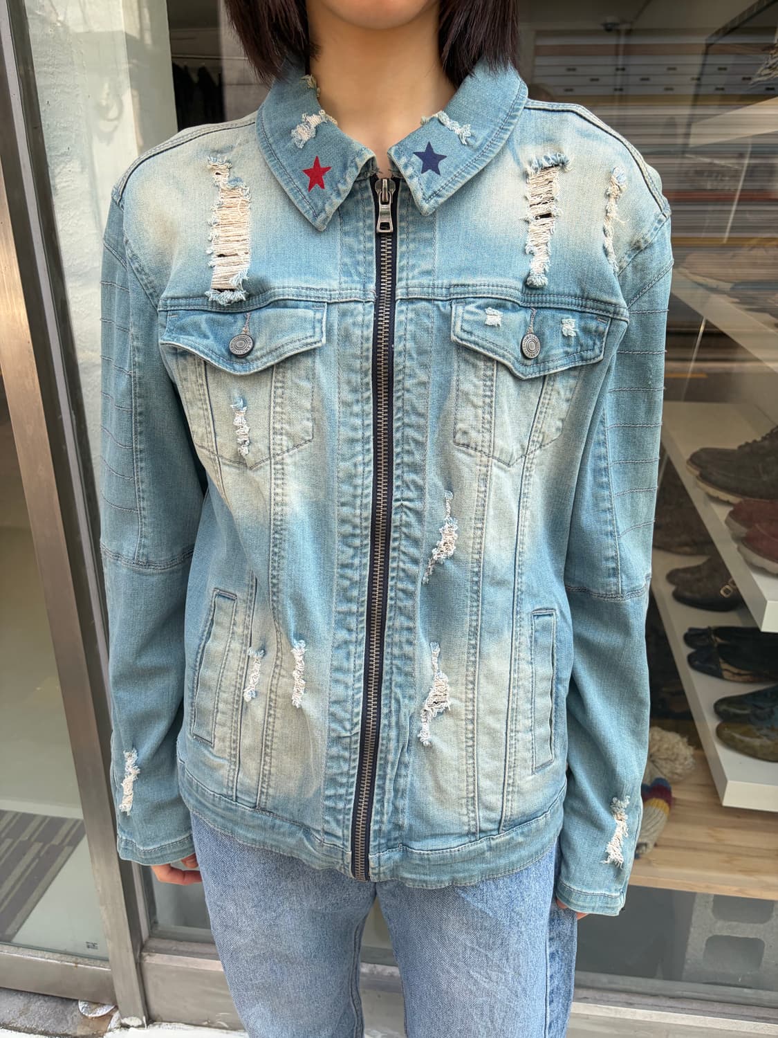 Showblanc 스타 포인트 디스트로이드 데님 집업 자켓 상품이미지2