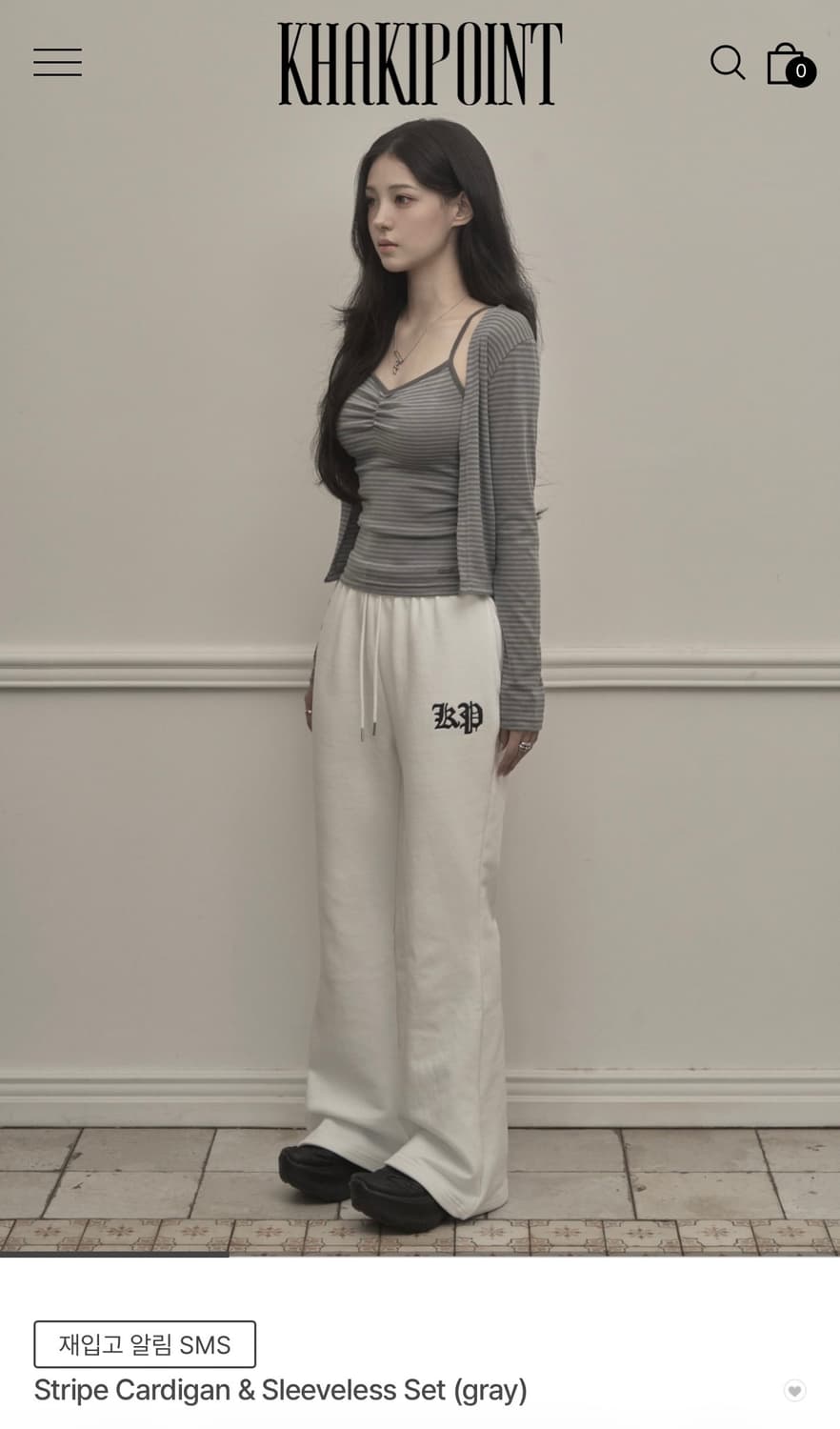 카키포인트 스트라이프 가디건 & 슬리브리스 세트 그레이 상품이미지3