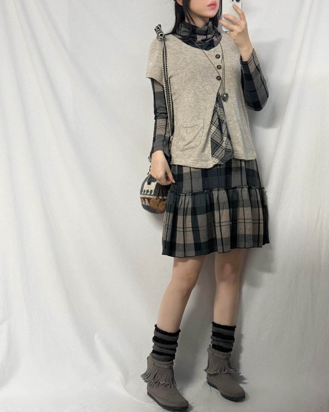 셔링 넥 체크 패턴 레이어드 니트 원피스 2pcs SET 상품이미지3