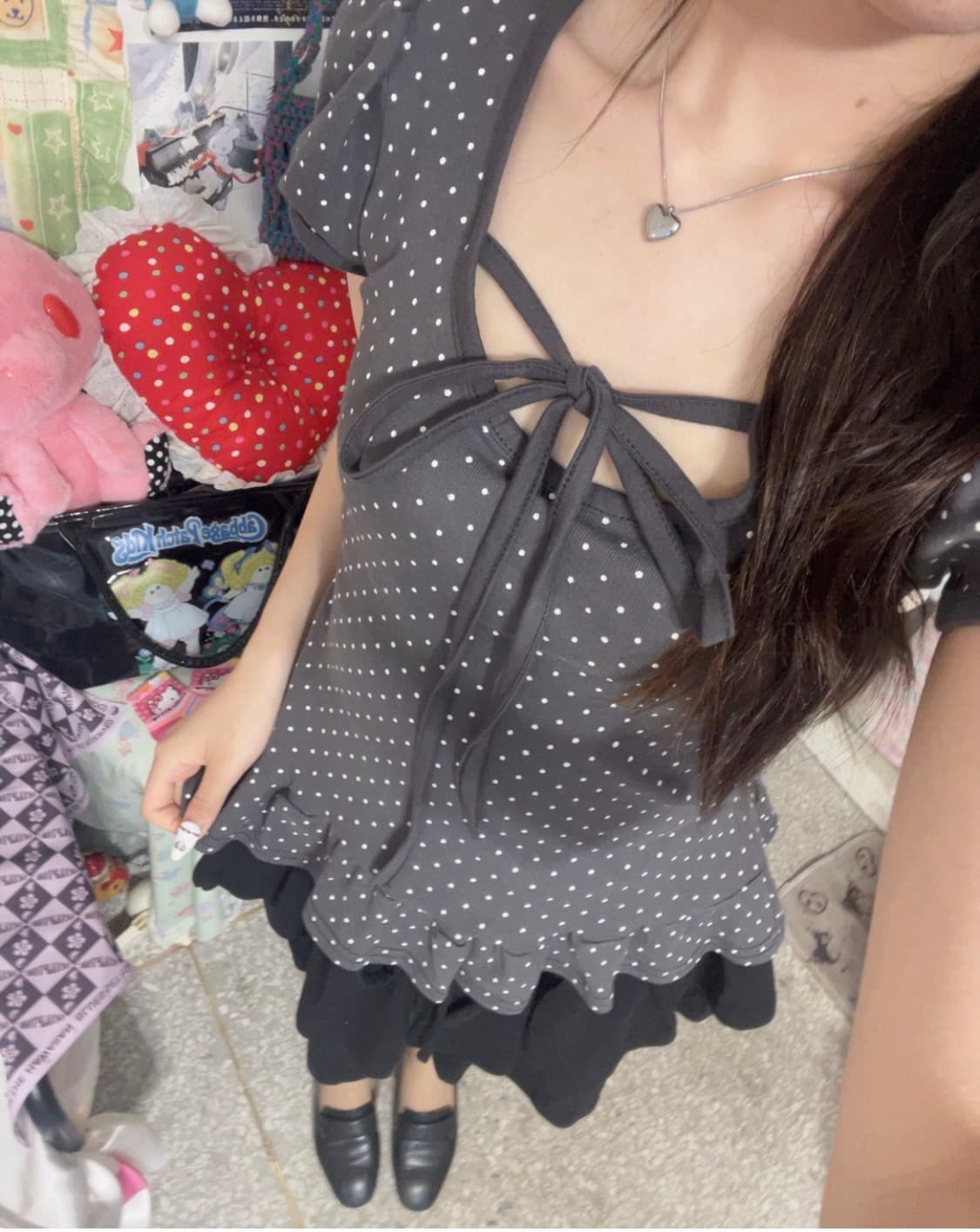 도트 퍼프 프릴 리본 반팔티୨୧ ྀིྀི  상품이미지1