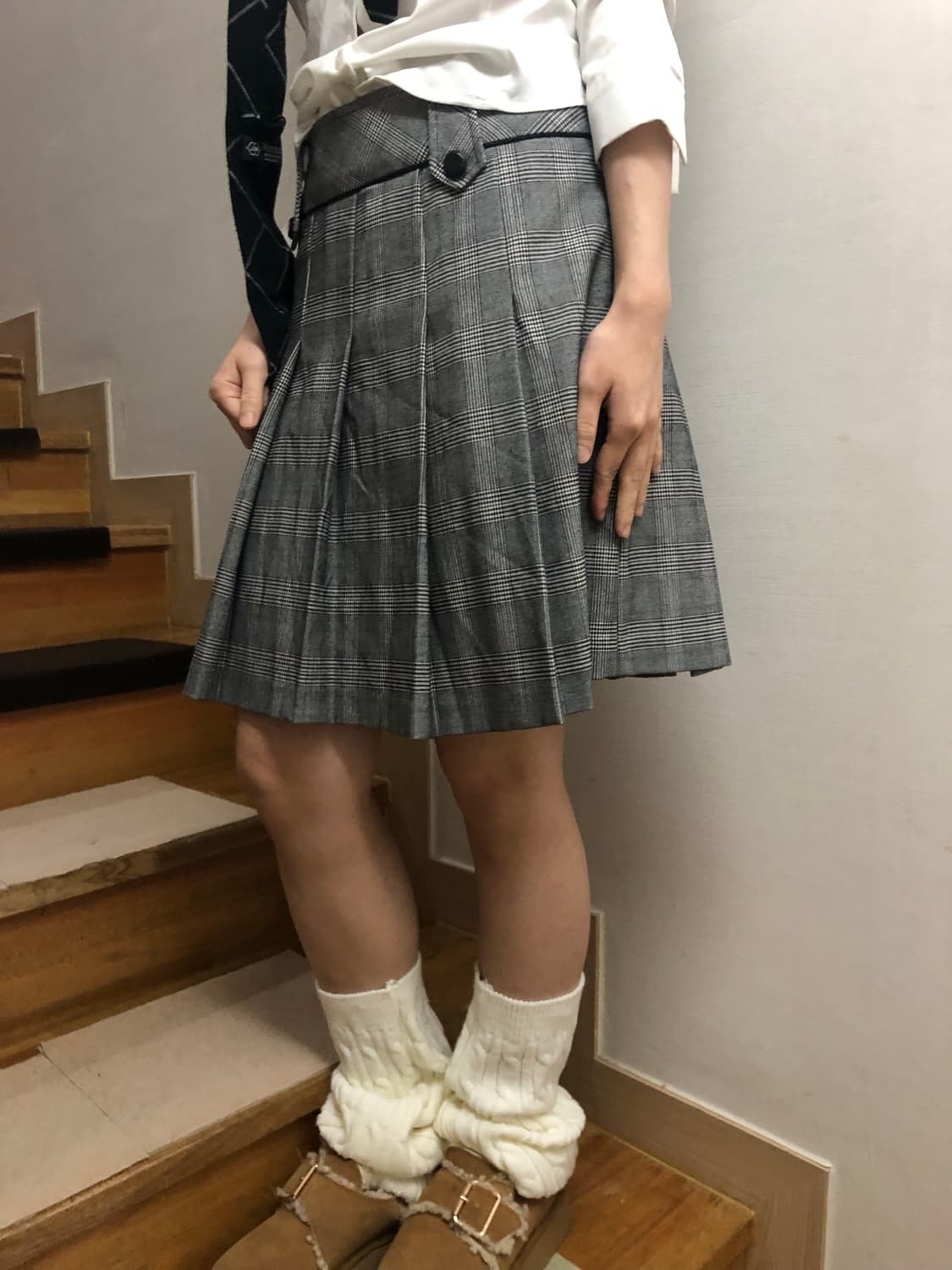 빈티지 그레이 체크 플리츠 미디 스커트 상품이미지6