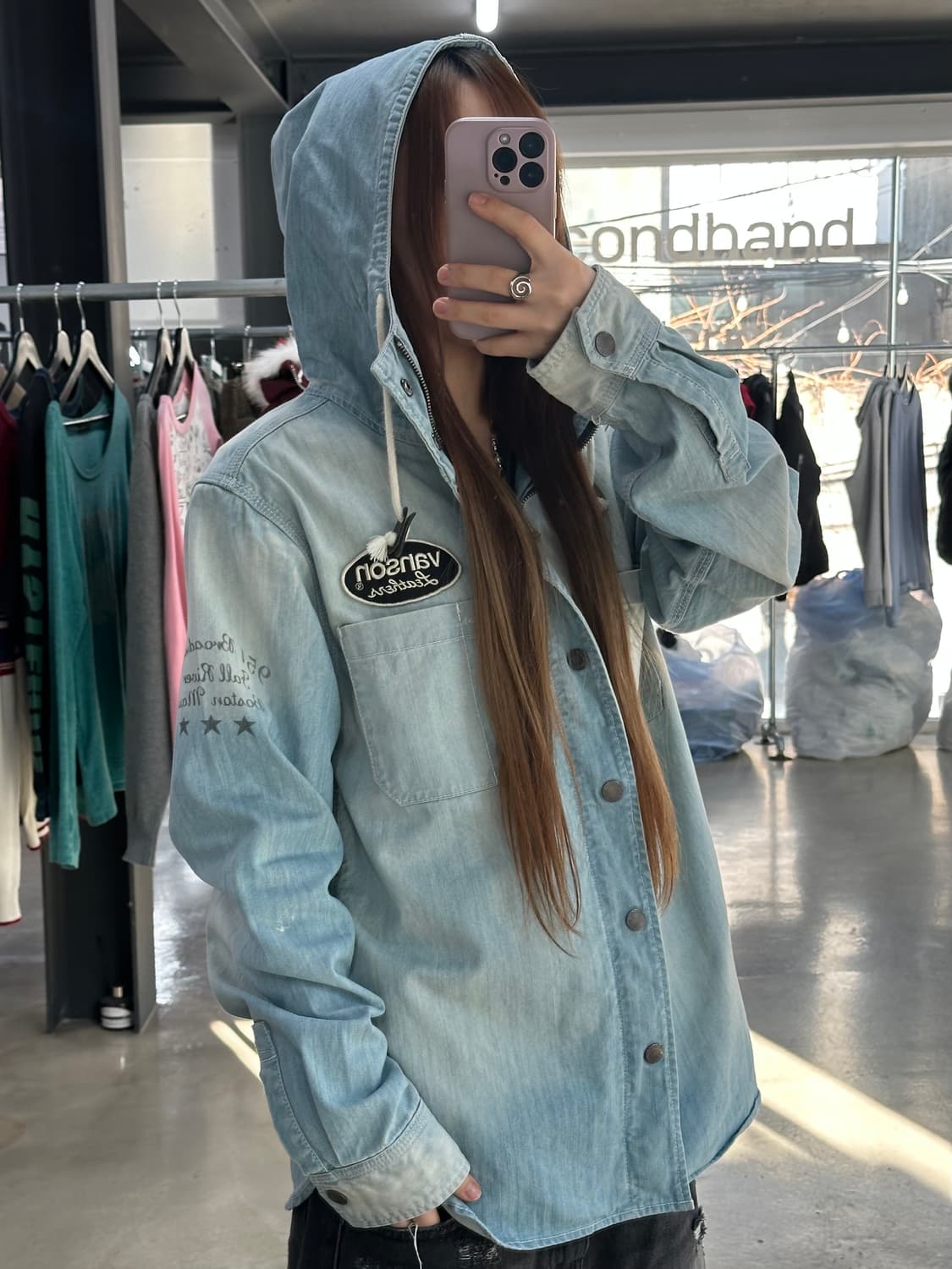 벤슨 스타 워시드레터링 하이넥 데님후드자켓 상품이미지4