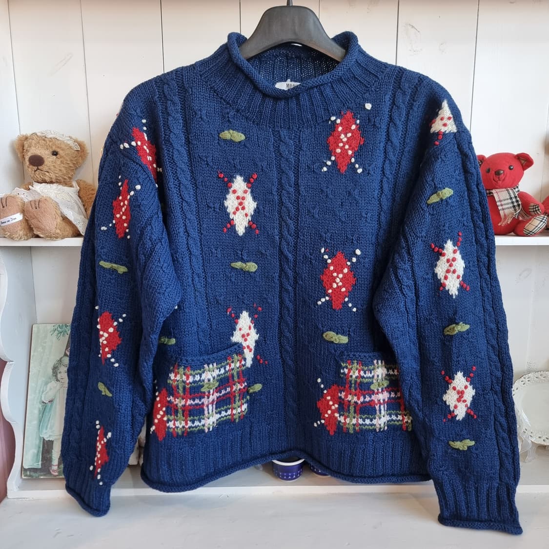 빈티지 니트  블루 체크포켓 상품이미지2