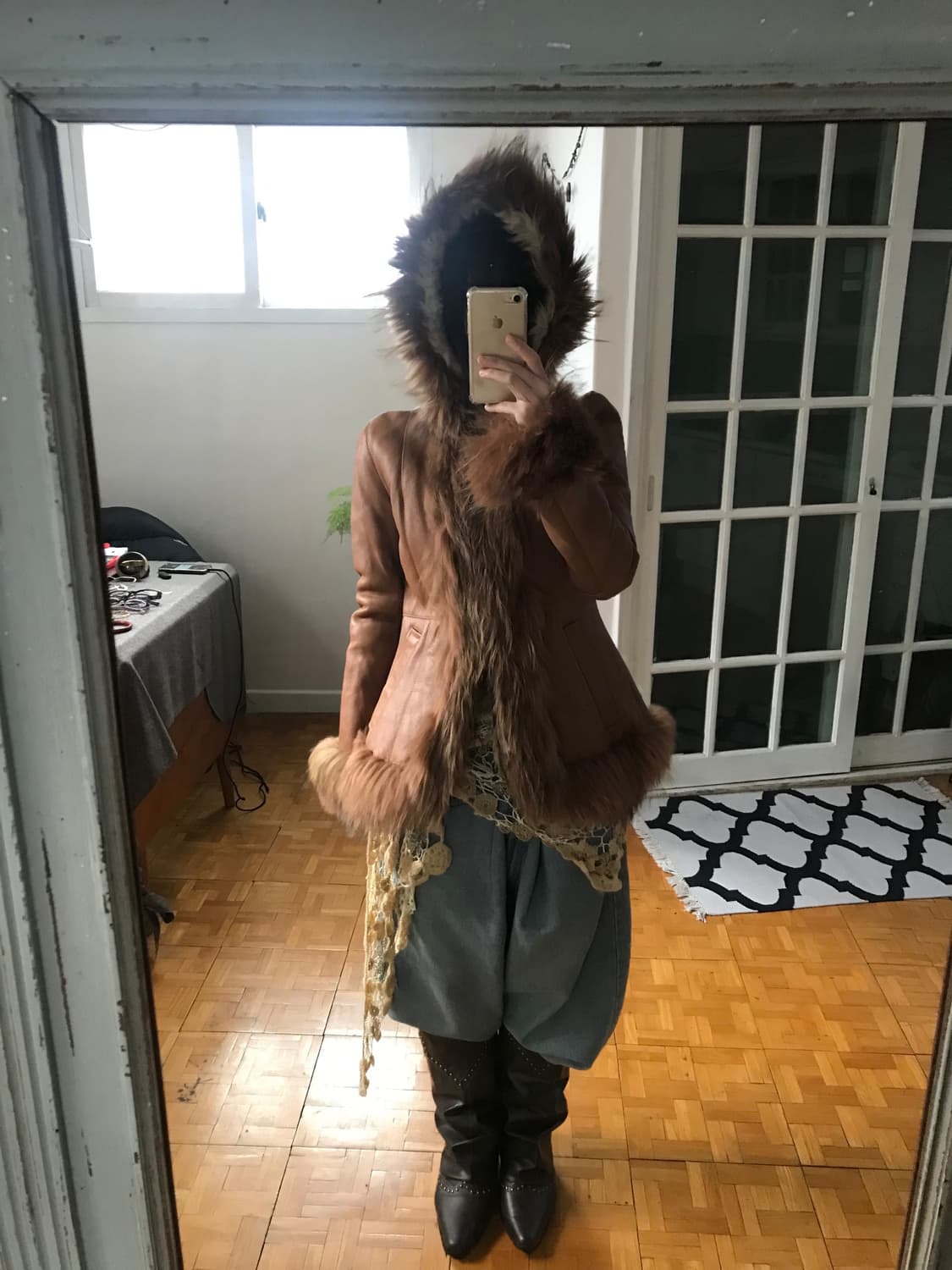 vintage leather hood fur jacket 상품이미지1