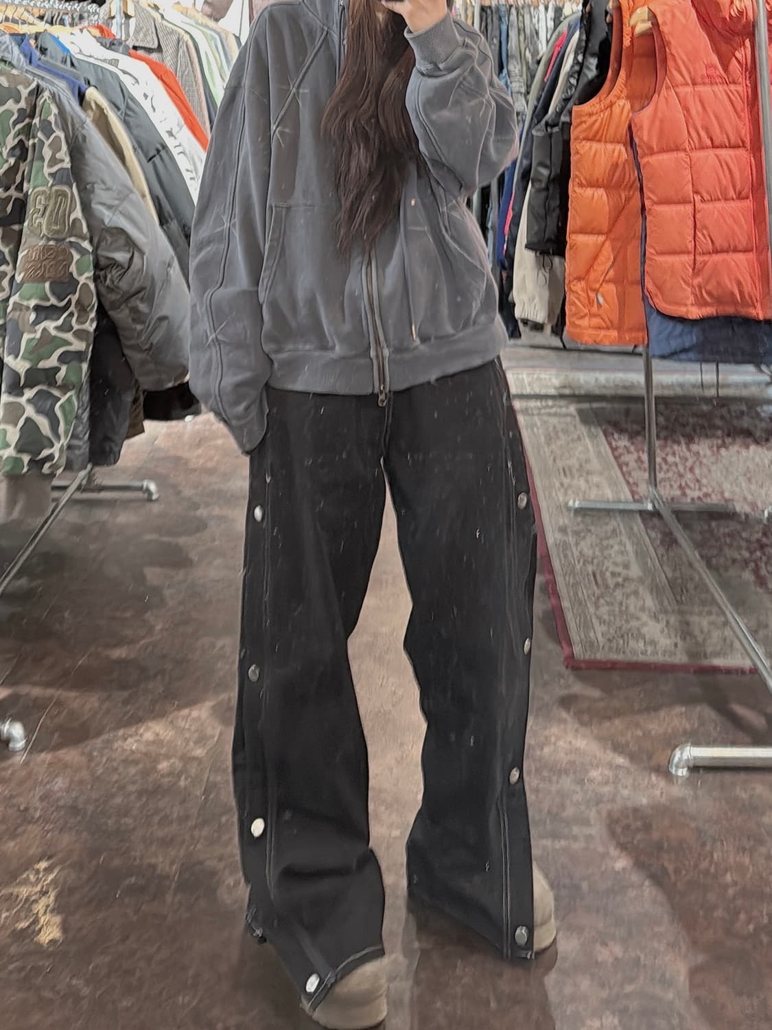 zara 자라 스냅버튼 카펜터 와이드 블랙 스티치 데님 팬츠 30 상품이미지7