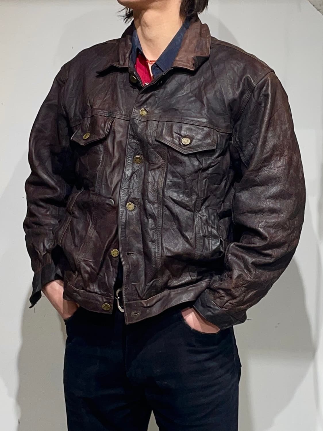 Vintage Brown Leather Trucker Jacket 상품이미지2