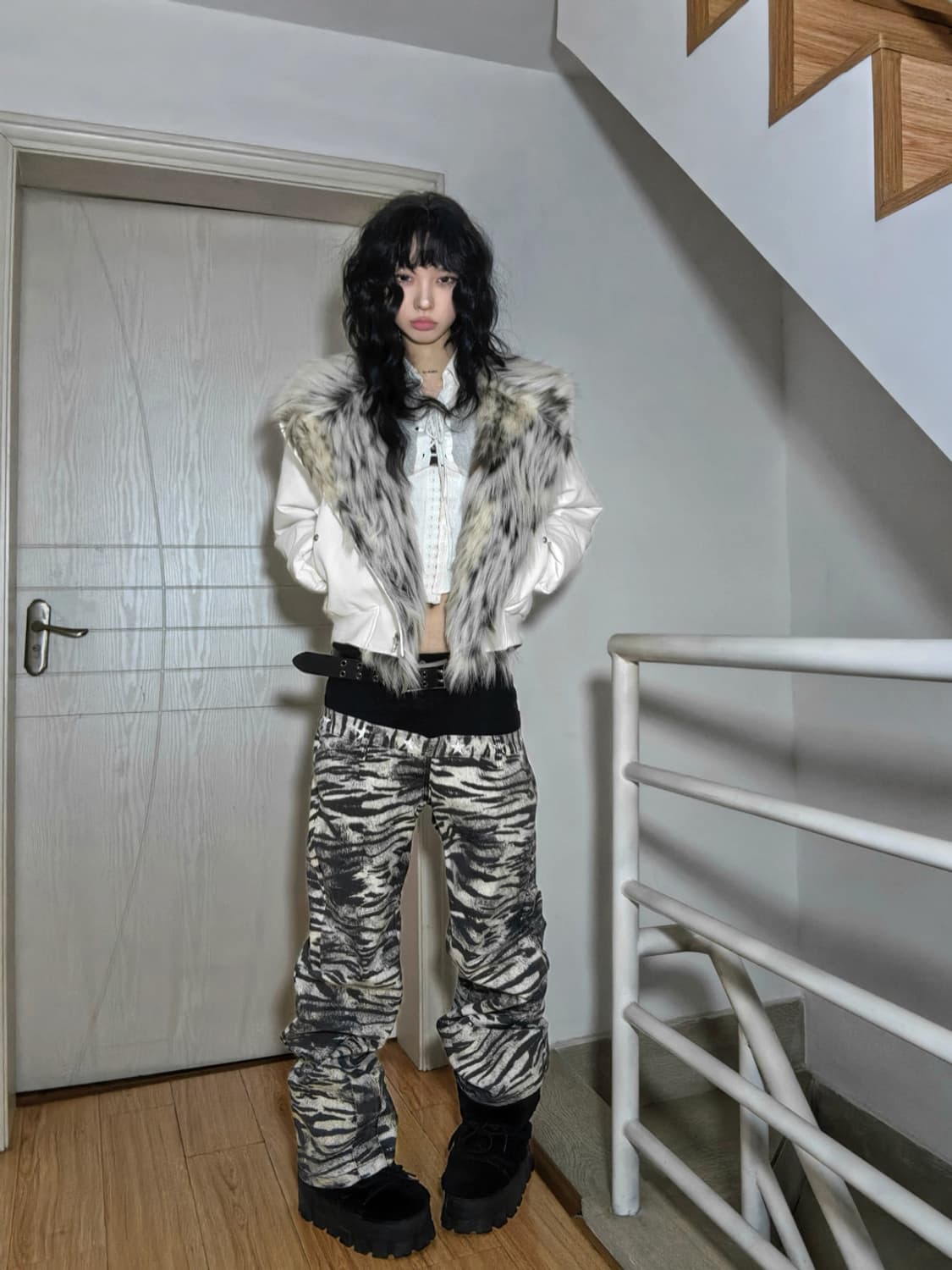 Zebra Print Asymmetric Waist Baggy Jeans 상품이미지9