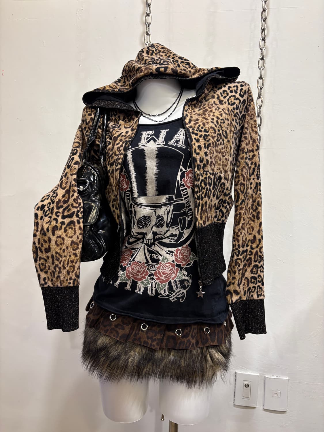 레오파드 패턴 아일렛 퍼 블랙 미니스커트 갸루 펑크 y2k 상품이미지2