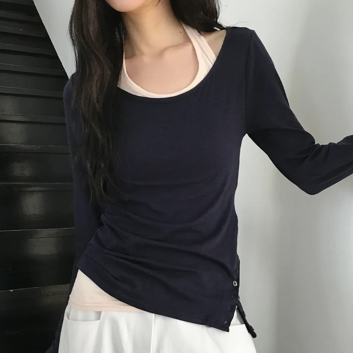 레터프롬문 리브 홀터넥 레이어드 티셔츠 상품이미지1