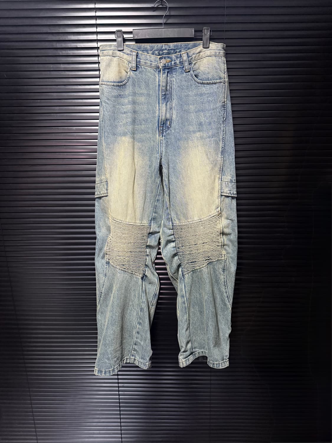 인템포무드 샌드 워싱 데님 바이커 워크 팬츠 커브드 와이드 절개 벌룬 L 상품이미지1