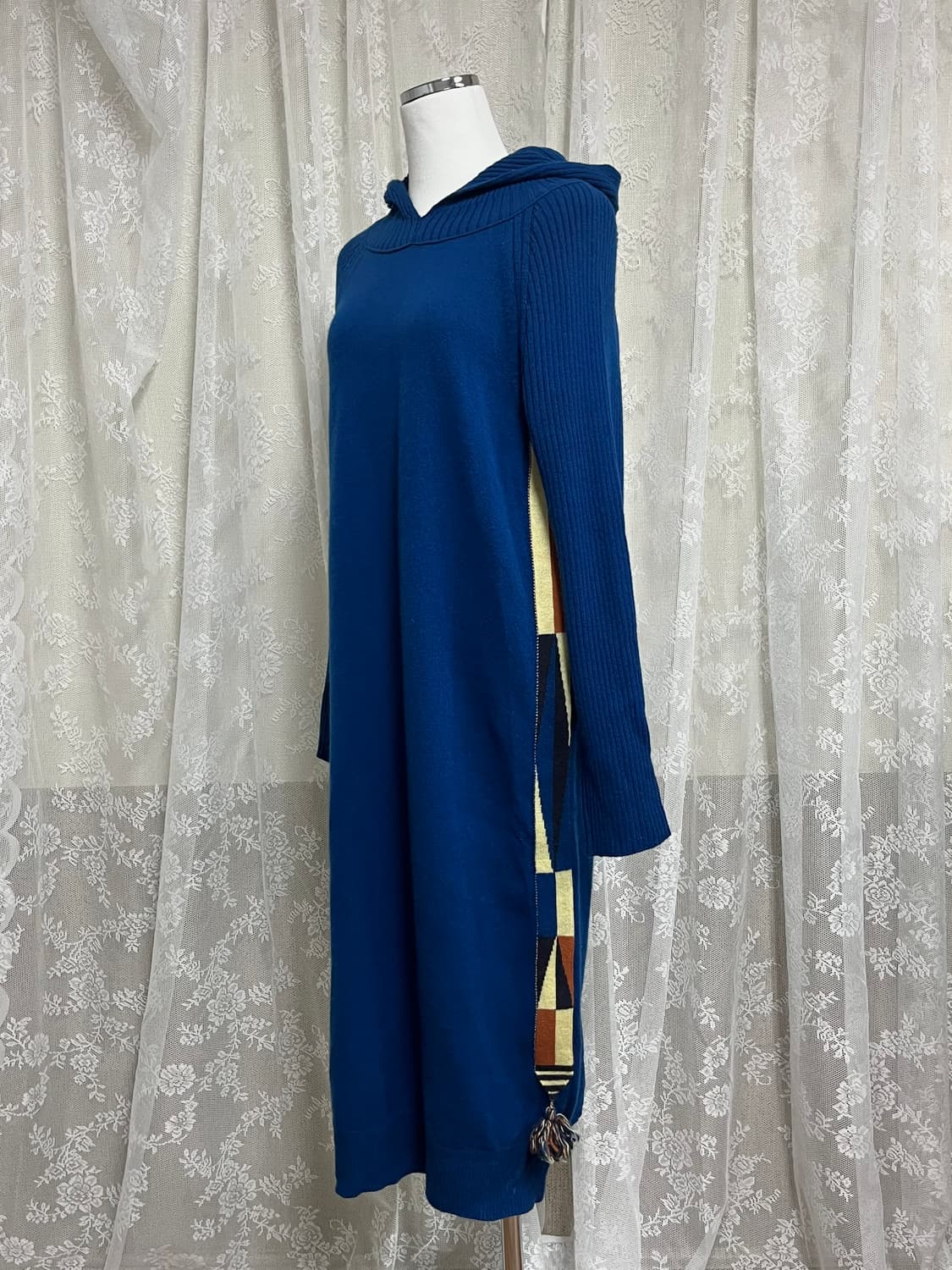 F) 베네통 태슬 장식 후드 니트 원피스 블루 상품이미지2