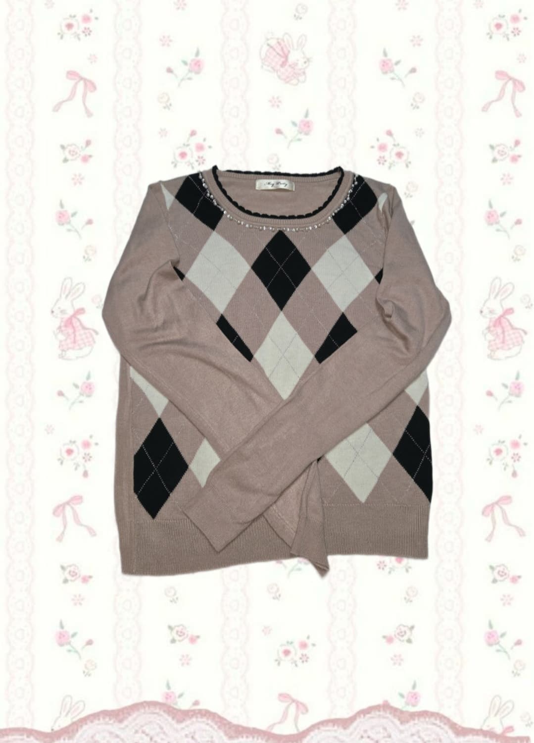 핑크 진주 아가일 니트 상품이미지1