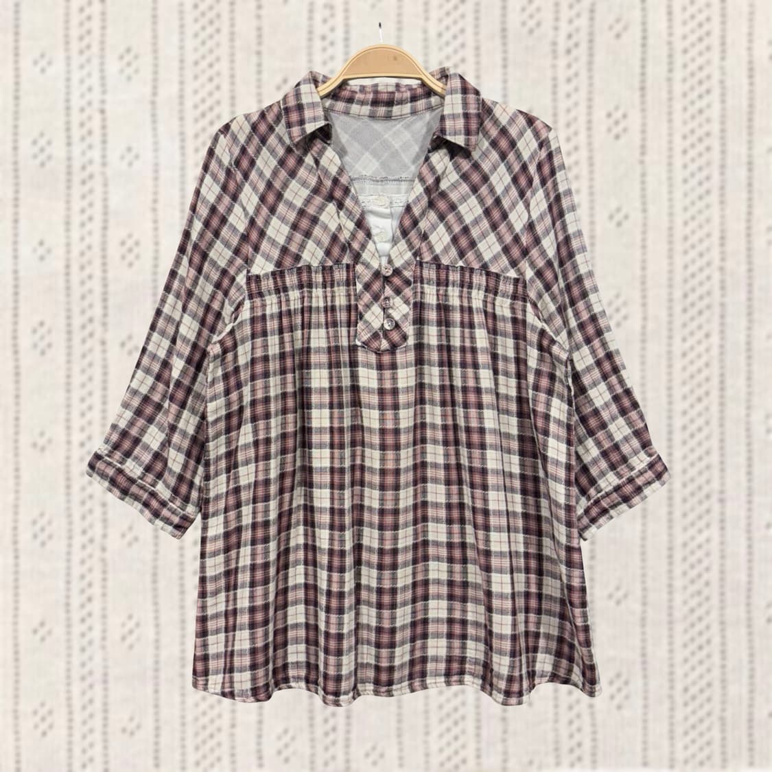 일본 빈티지 모리 너드 핑크 베이지 7부 레이어드 체크 셔츠 블라우스 상품이미지1