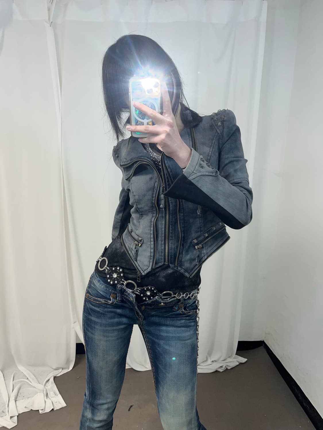 락시크 그레이 데님 스터드 자켓 상품이미지4