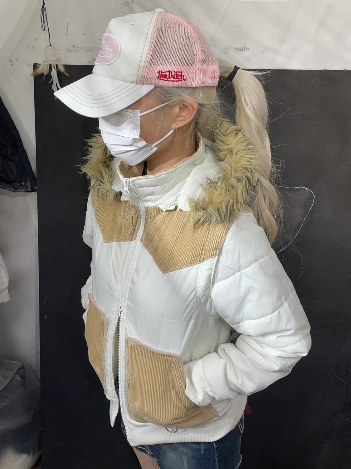 일본빈티지 SpRay 울프죠 후드 투웨이 패딩 화이트 코듀로이 점퍼 M 상품이미지1