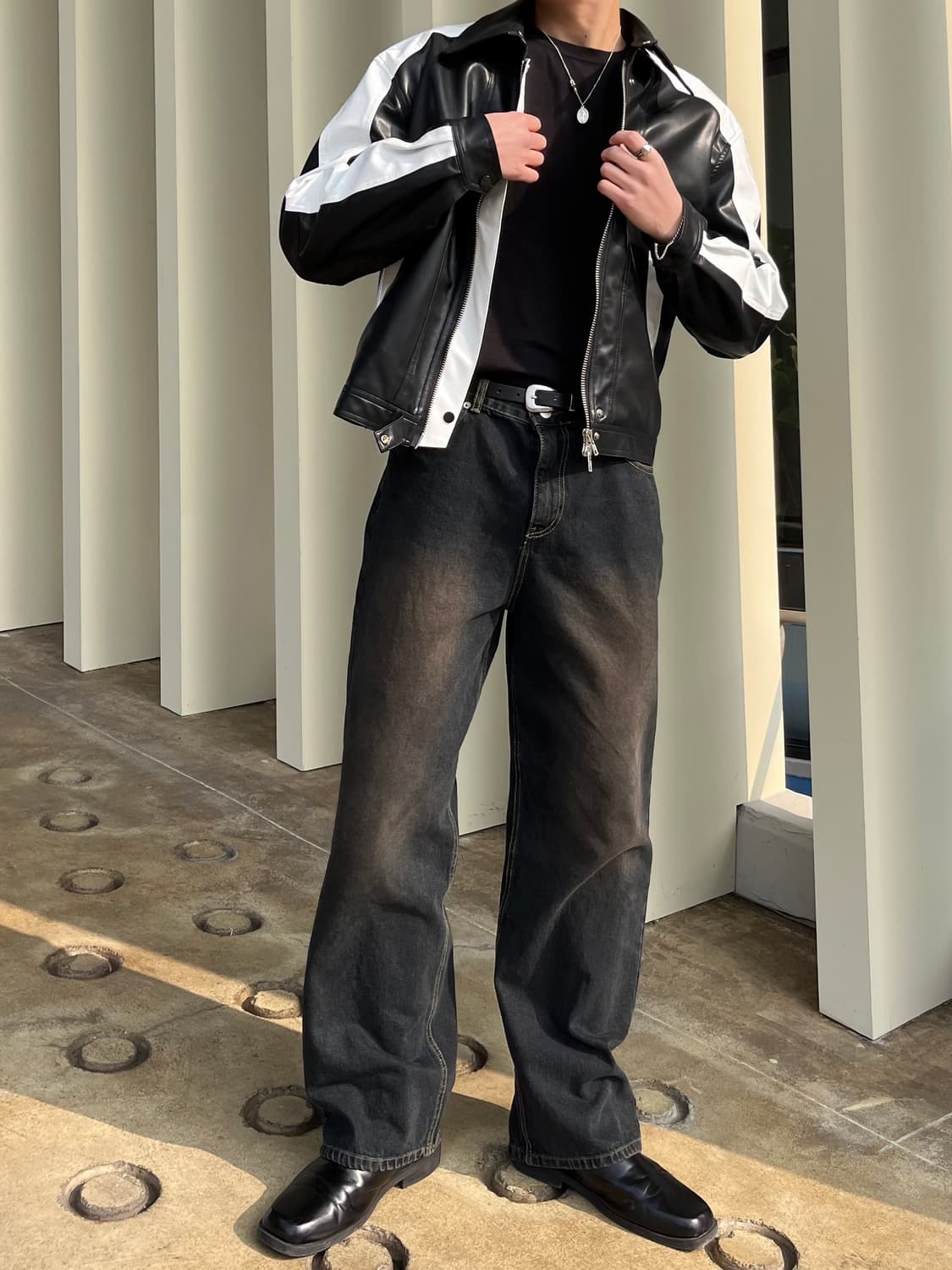 블랙 브라운 샌드 워싱 와이드 데님 팬츠 청바지 상품이미지1