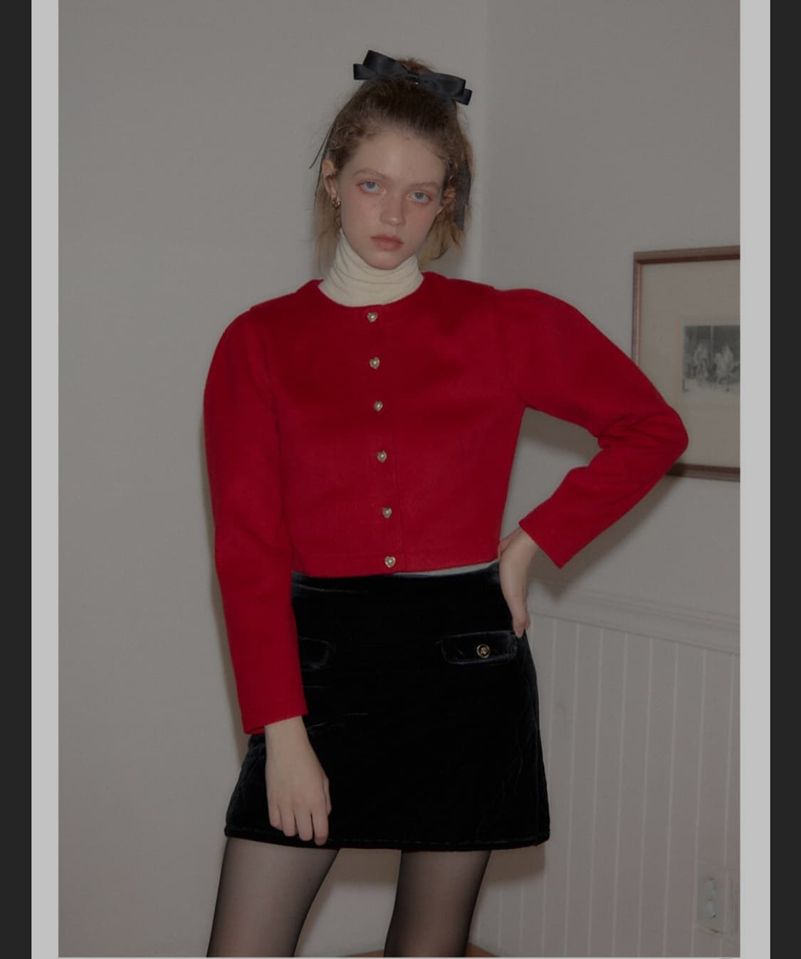 새상품) 살롱드욘 하트 버튼 퍼프 숄더 가디건 red 상품이미지1