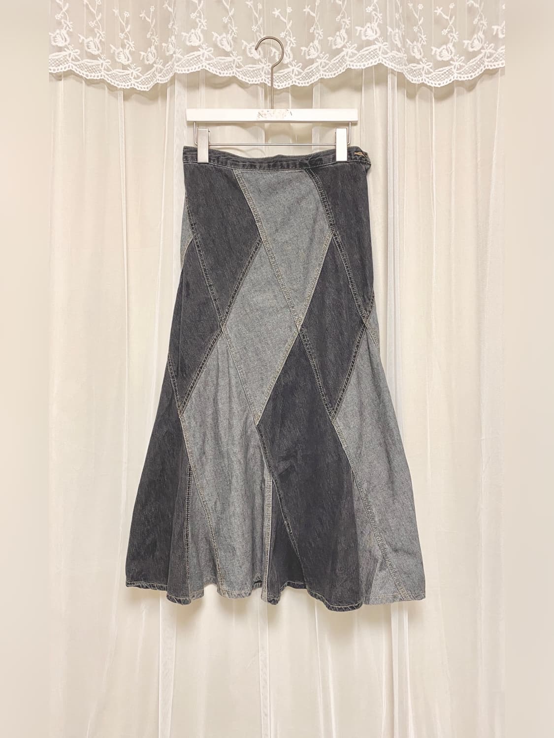 Patchwork Denim Flare Banded Long Skirt 상품이미지4
