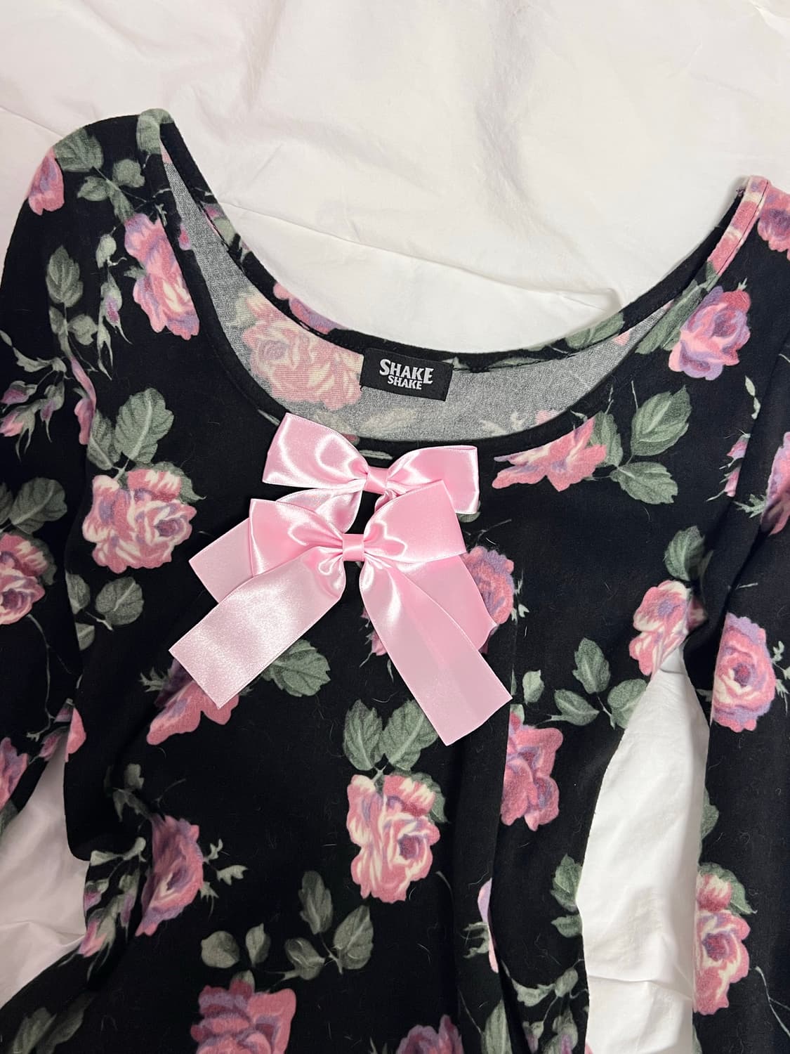 Shakeshake 로즈 빈티지 블랙 핑크 리본 미니 원피스 상품이미지1
