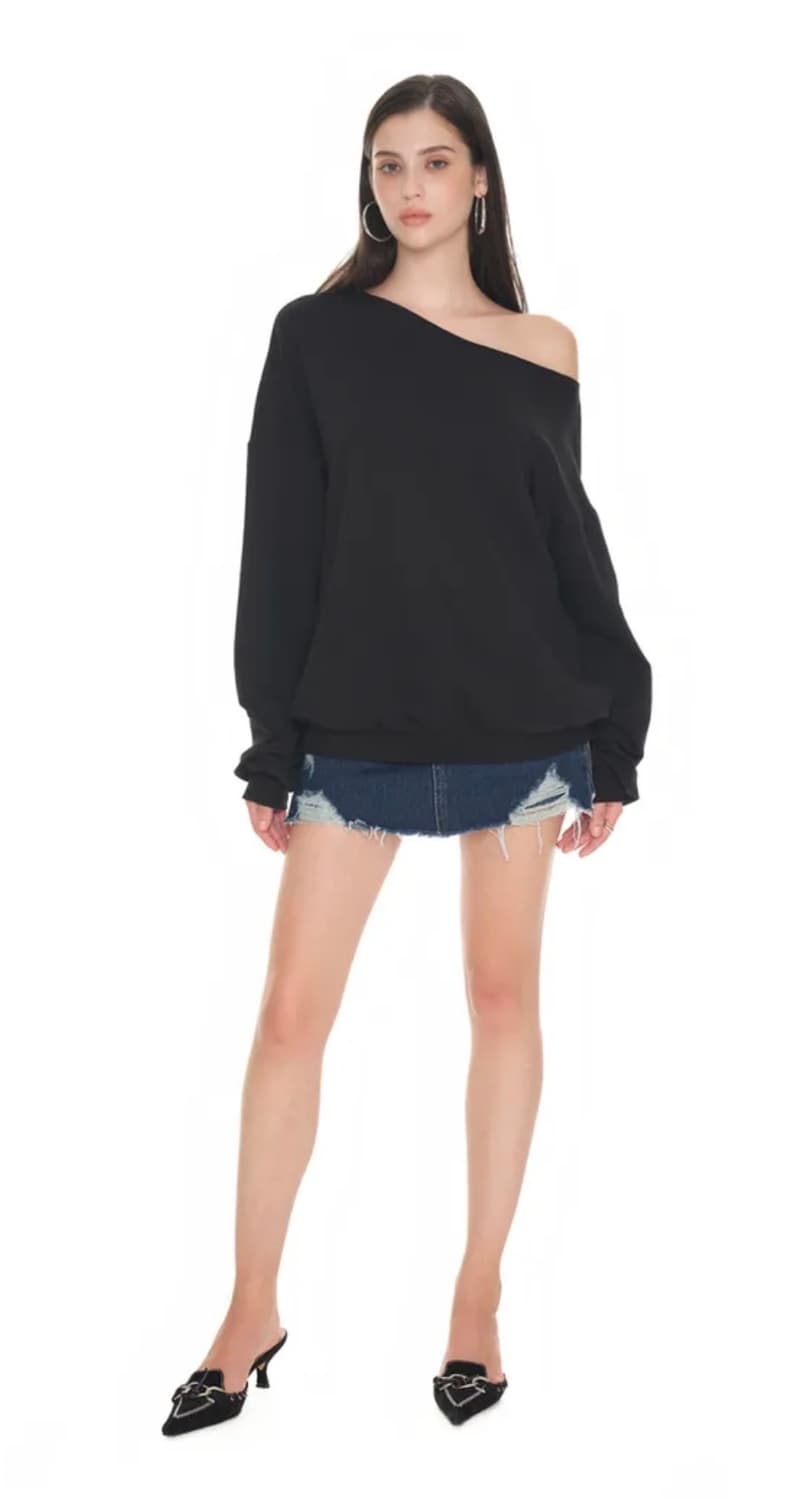 투머치택스 어시메트릭 원 숄더 스웨트셔츠 블랙 맨투맨 상품이미지6