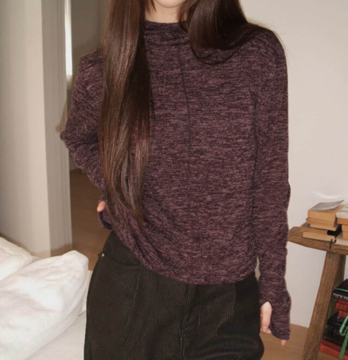 코엘 터틀넥 핸드워머 후드 셔츠 퍼플 슬리브 티 상품이미지1