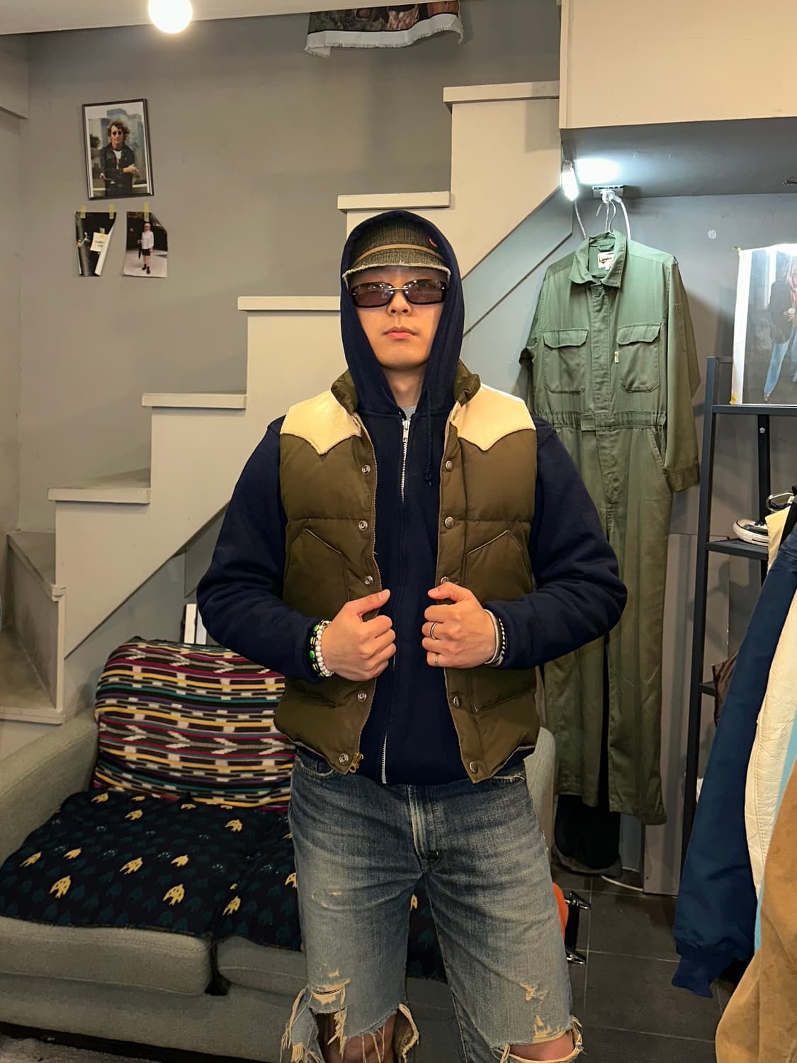 Sugar Cane leather yoke T/C down vest 상품이미지1