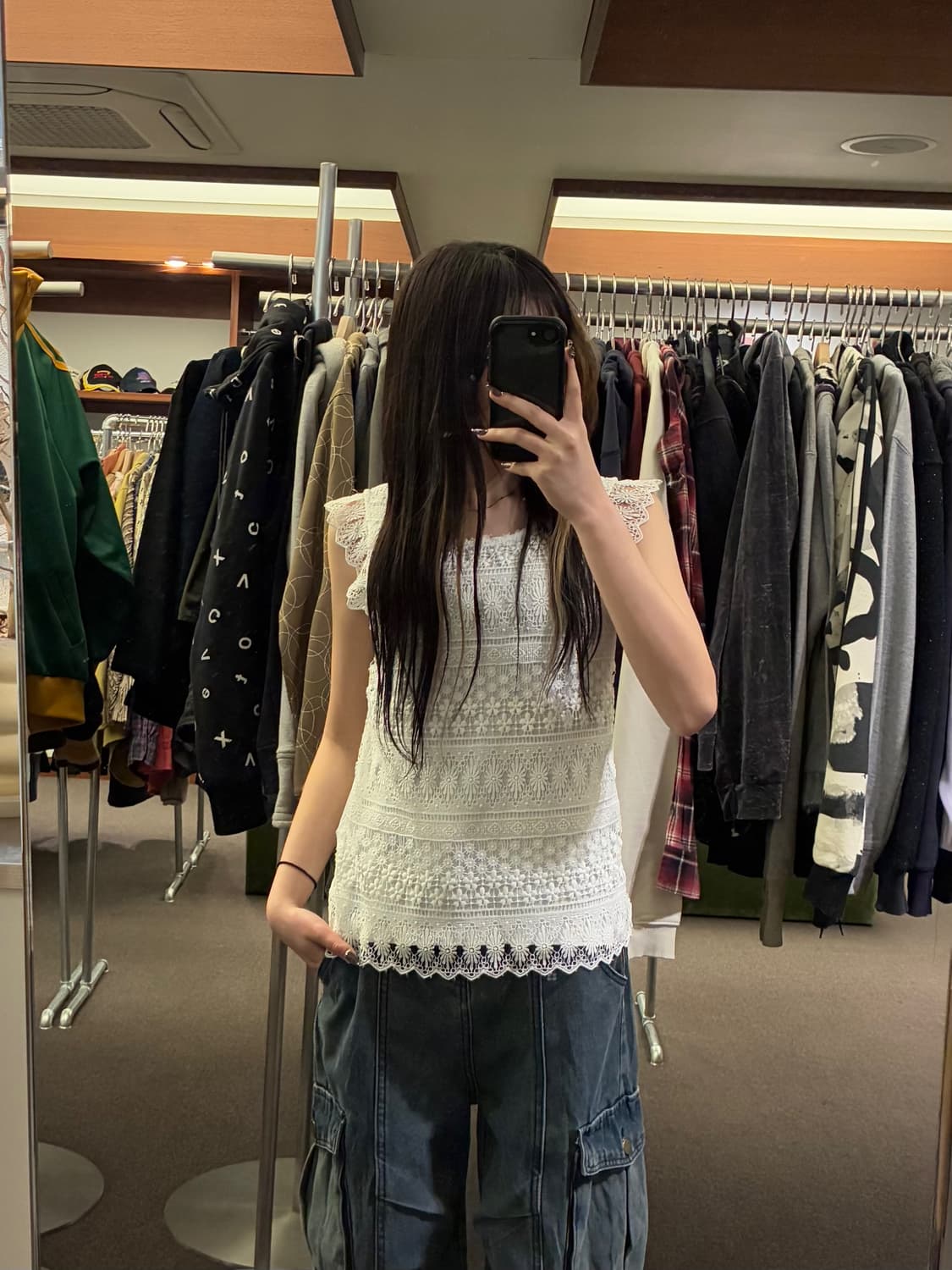 S)Japanese vintage 여성 펀칭 레이스 화이트 나시 상품이미지1