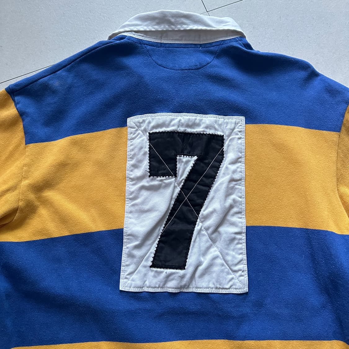 90s 빈티지 폴로 스포츠 백넘버 럭비티 M(100) 노랑파랑 상품이미지8