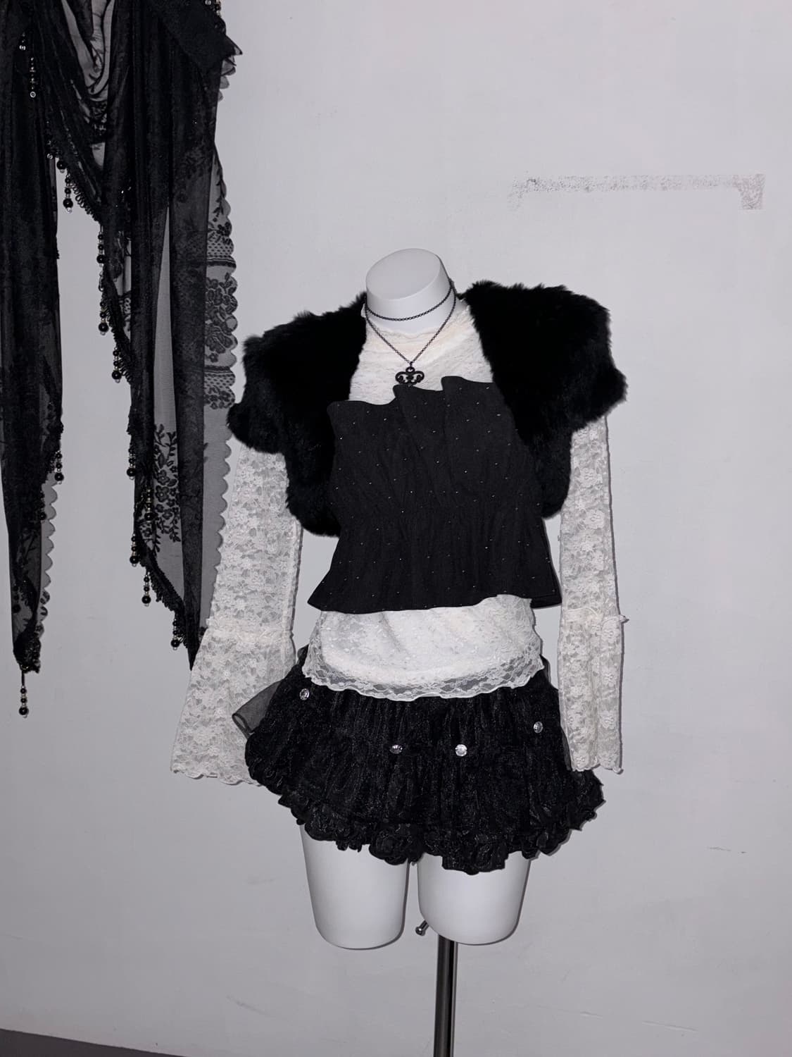 공겜여주 퍼 볼레로 코디세트 다크페어리 고스 고딕 고스로리 블랙 코디 상품이미지1