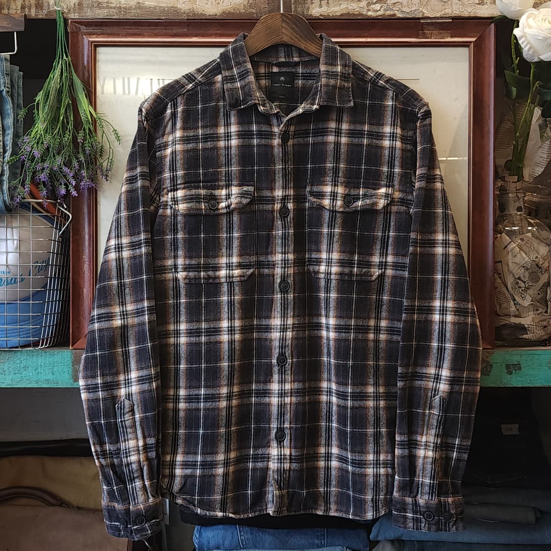 90s 아메리칸 빈티지 체크셔츠 헤비 플란넬 워크셔츠 블랙 L 상품이미지1