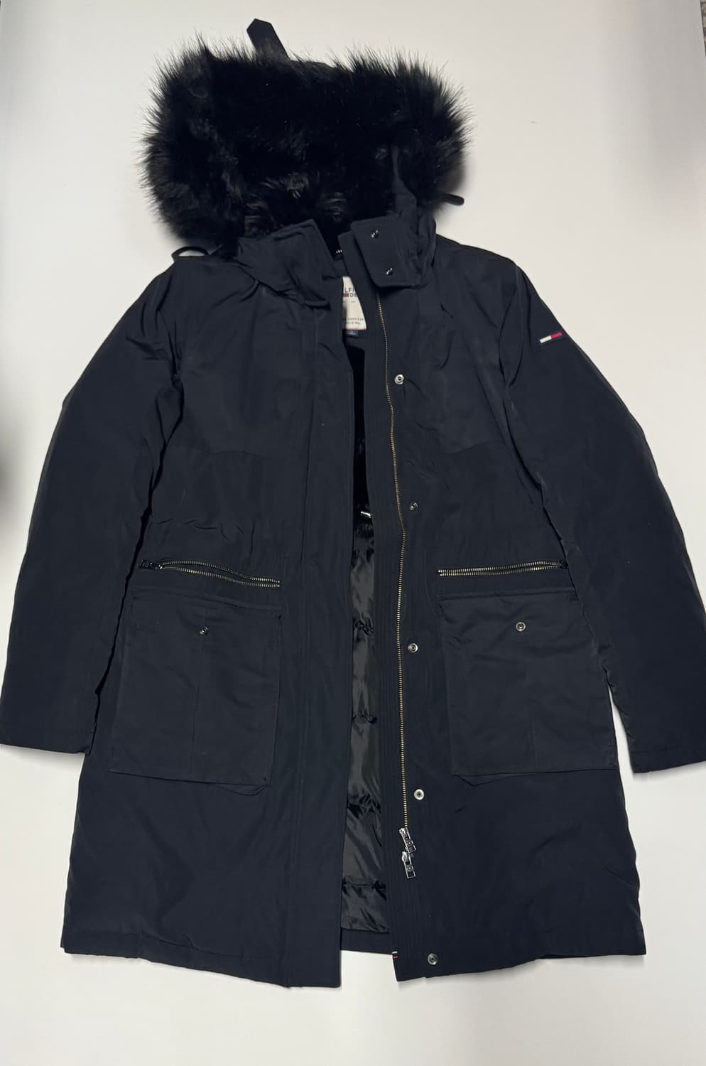 여성 타미힐피거 데님 페이크 퍼 안감 후드 롱패딩 네이비 상품이미지1