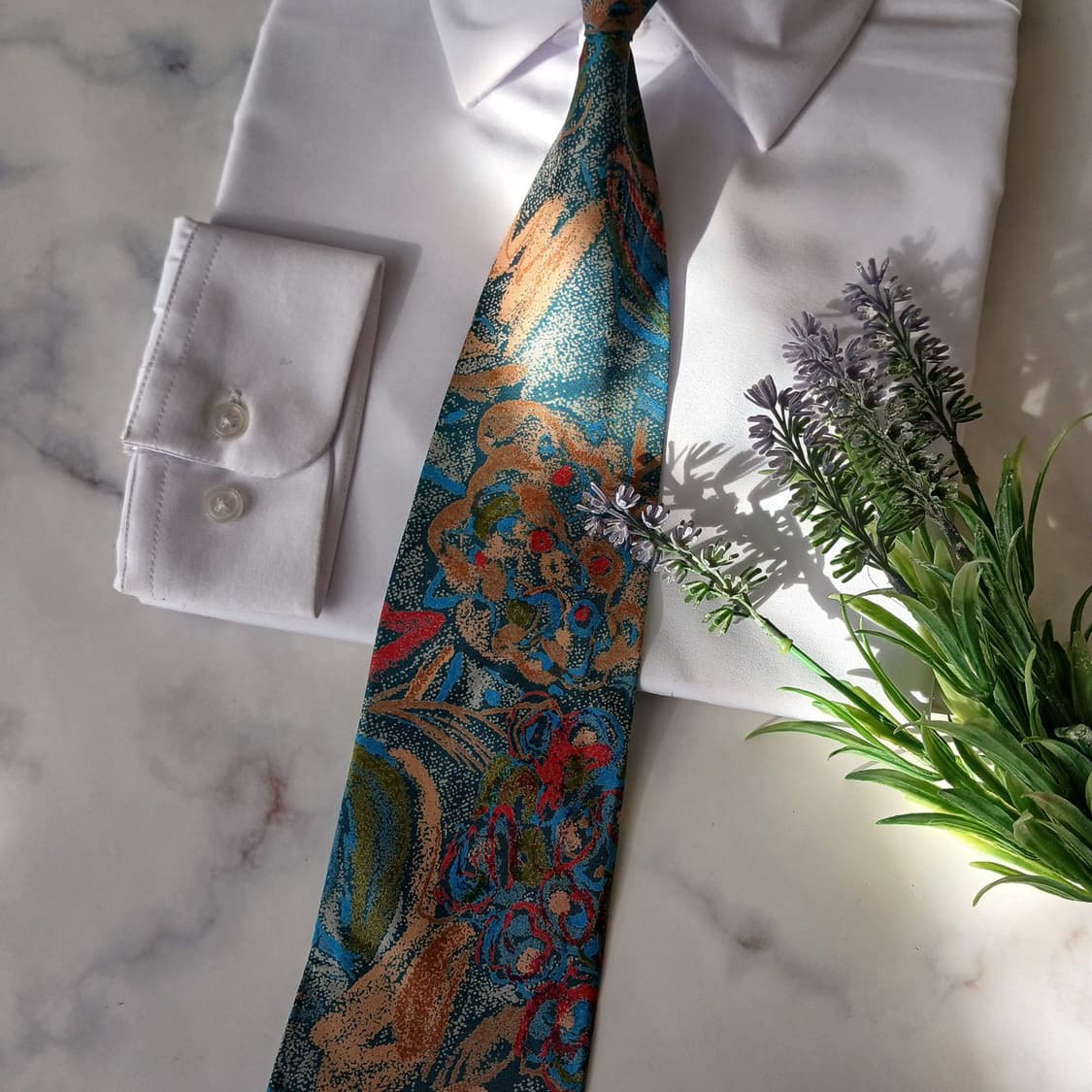 시나왓라 타이 실크 블루 아트 패턴 넥타이 9.6cm B등급 A19437 상품이미지5