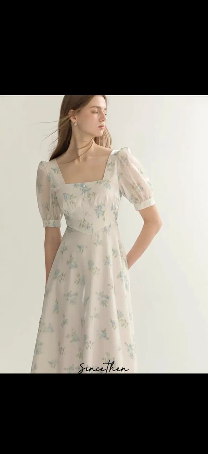 S사이즈) 신스덴 블루 플로랄 글로시 롱원피스 반팔스퀘어넥휴양지여름원피스 상품이미지1