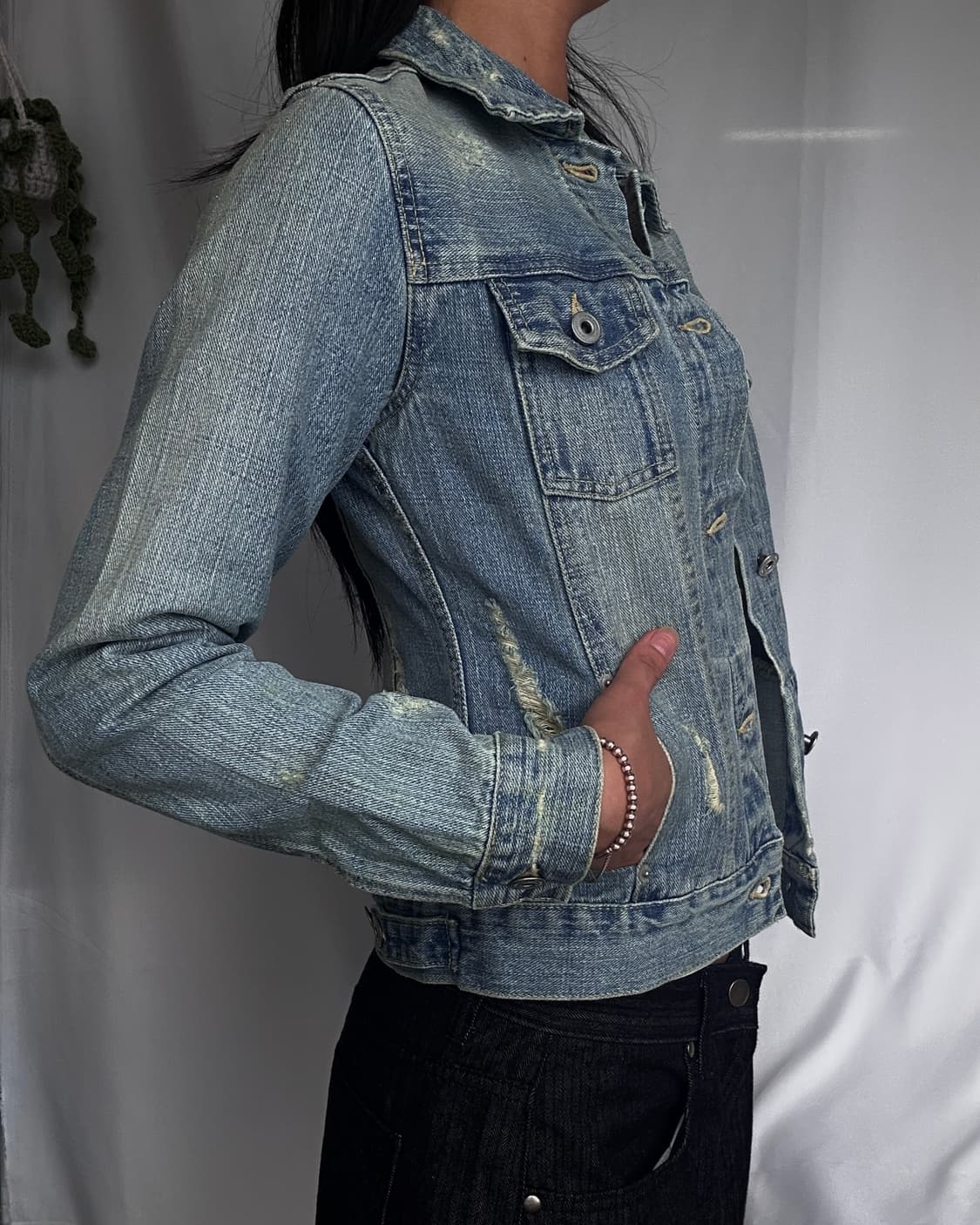 빈티지 화이트펄 데미지드 연청 데님자켓 상품이미지2