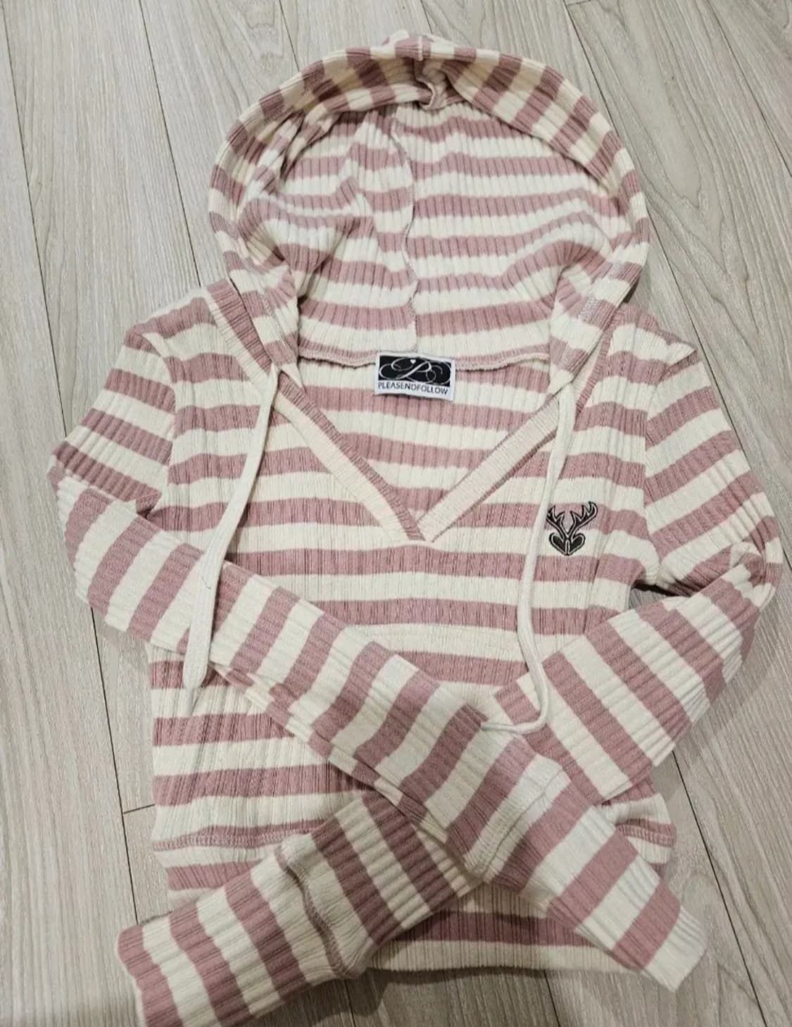 플리즈노팔로우 플노팔 디어 크롭 후디 탑 스트라이프 후드티 핑크 상품이미지1