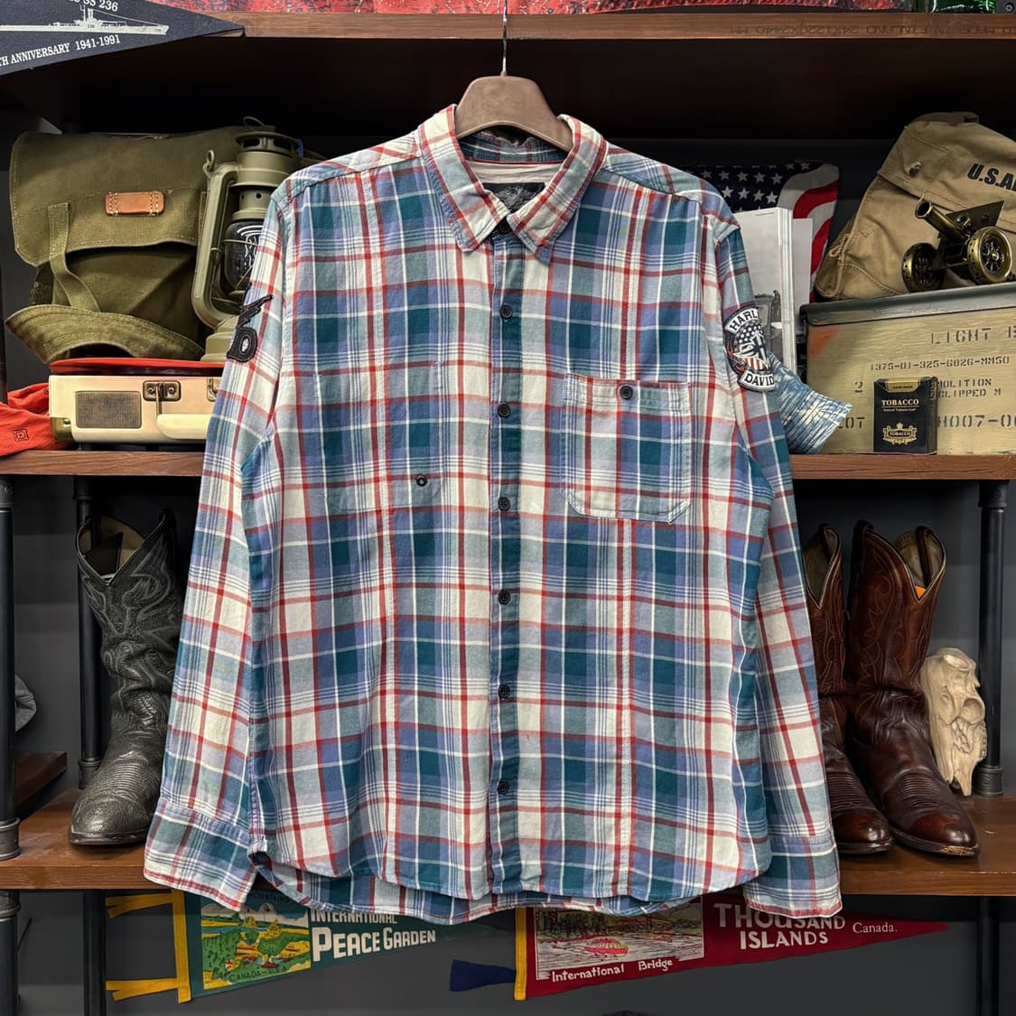 00s 할리데이비슨 아메리칸 슬리브패치 트윌코튼 체크 바이커셔츠 N197 상품이미지1