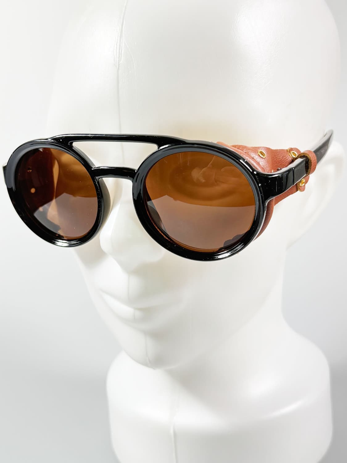 90s 블랙 더블 브릿지 레더 쉴드 라운드 고글 빈티지 틴트 선글라스 상품이미지8